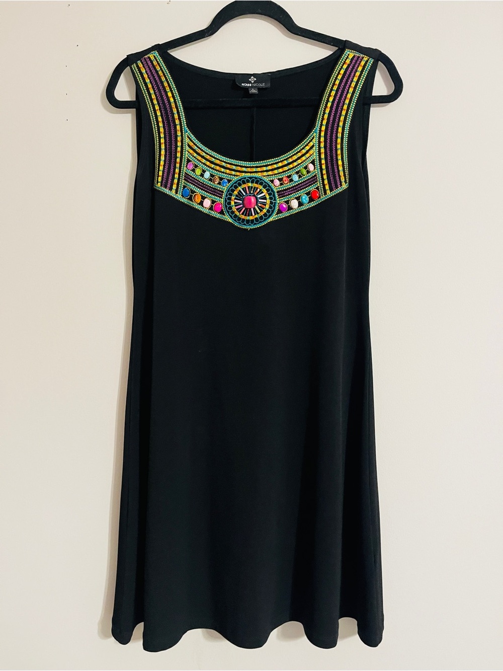Vintage 90’s Ronni Nicole Black Boho Chic Sleeveless Mini Dress Beaded Neck Sz 8 - Picture 2 of 16
